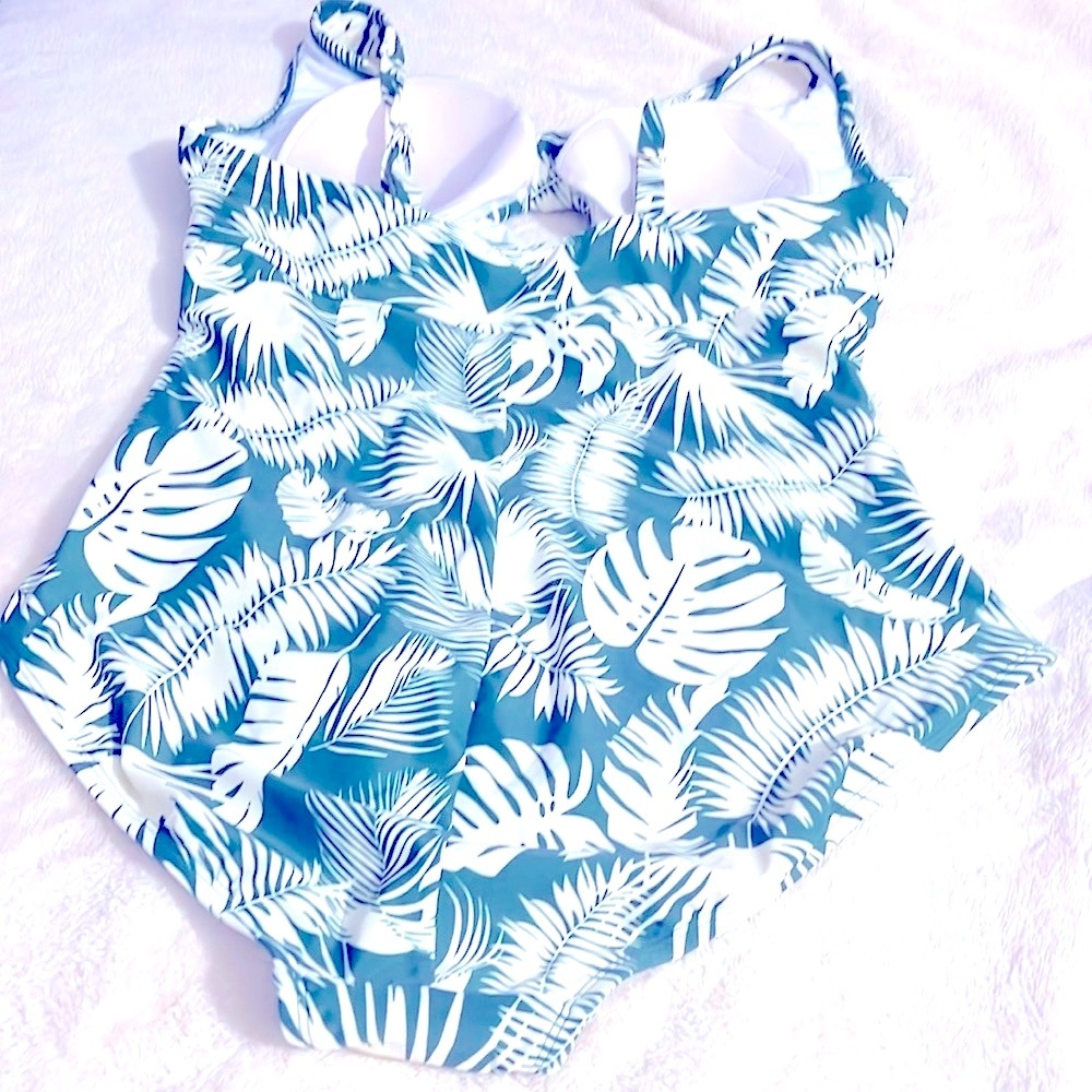 Shade & Shore Tropical Green & white floral leaves Swimsuit one piece~18